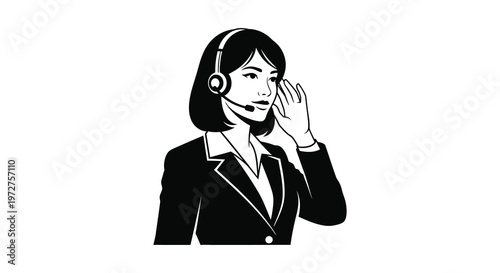 A young woman wearing a headset and business attire is depicted in a striking black silhouette high quality professional detailed modern