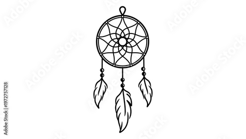 Minimalist black line vector illustration of a dreamcatcher featuring a circular web pattern and three hanging feathers, isolated on a white background. Hand-drawn outline icon for boho style.