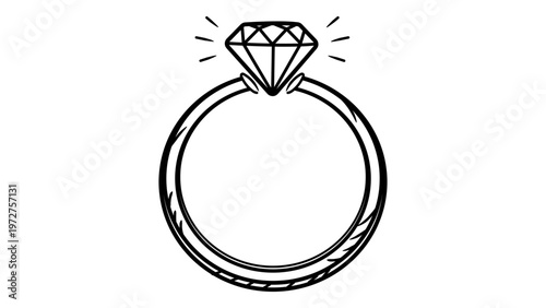 Minimalist black line vector icon of a diamond engagement ring on white background; hand-drawn illustration representing marriage, love, and luxury jewelry for wedding invitations and design