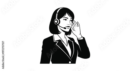 A black and white depiction of a woman wearing a headset and blazer presenting a professional communication scene silhouette high quality detailed modern