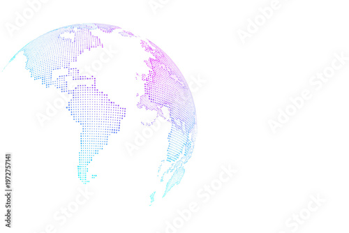 Abstract dotted Earth globe in neon blue and purple colors representing digital network and global communication.