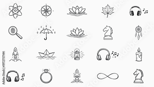Minimalist Hand-Drawn Black Line Vector Icon Set Collection of 20 Icons Including Rocket, Chess Knight, Headphones, Lotus Flower, Atom, Compass, Diamond Ring, Dreamcatcher, and Nature Elements