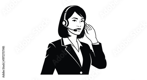 A black and white illustration depicts a woman with a headset assisting a caller presented as a silhouette high quality professional