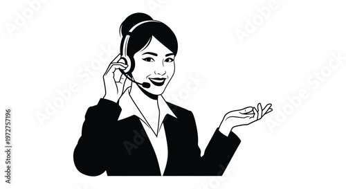 A black and white image depicts a woman wearing a headset gesturing with an open hand a striking silhouette high quality