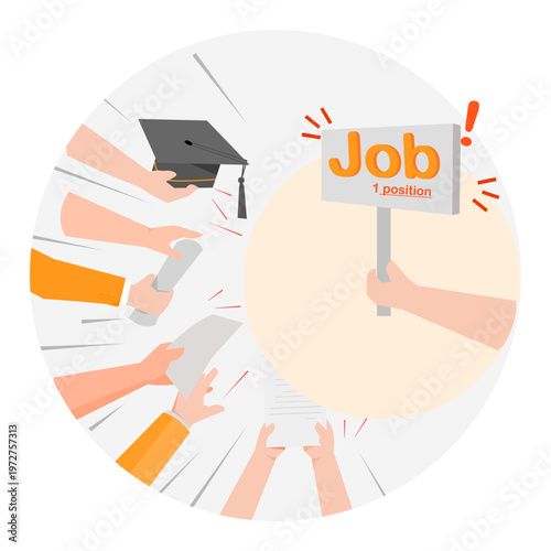 People competing for a single job position, representing unemployment and economic downturn. Job shortage, career struggle, workforce competition, recession concept in modern flat vector style.