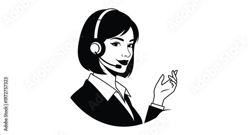A stylish black silhouette of a woman wearing a headset and gesturing representing customer service or support silhouette high quality professional