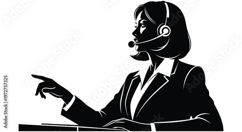 A striking black silhouette depicts a woman with a headset gesturing while seemingly assisting a caller silhouette high quality professional detailed