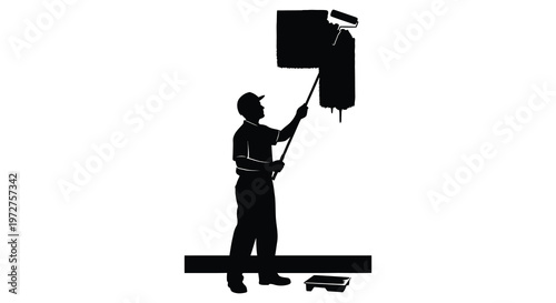 A painter stands on a ladder applying paint to a wall with a roller depicted as a striking silhouette high quality