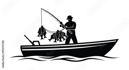 A black silhouette of a fisherman in a boat with a catch of fish creating a striking visual silhouette high quality