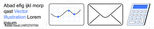Business communication, analysis, financial planning, data visualization, digital messaging, email. Graph with trend, envelope and calculator. Business communication and analysis tools concept