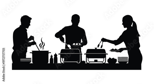 A black silhouette depicts three people serving food at a buffet showcasing a catering or event setup silhouette high quality professional