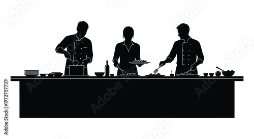 Three chefs preparing food behind a counter featuring a striking black silhouette high quality professional detailed modern elegant stylish clean crisp