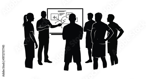 A group of people engaged in a business discussion with a presentation depicted as a striking silhouette high quality professional detailed