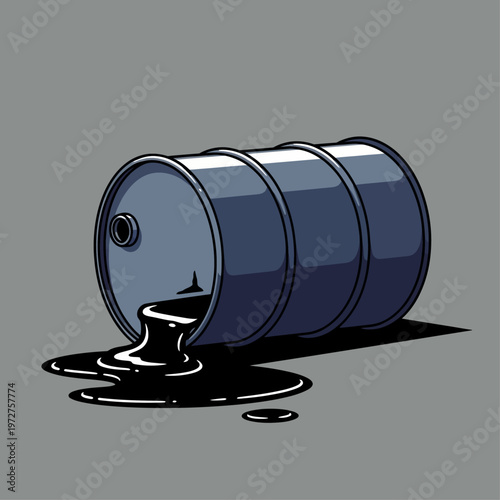 oil barrel leaking black liquid on ground