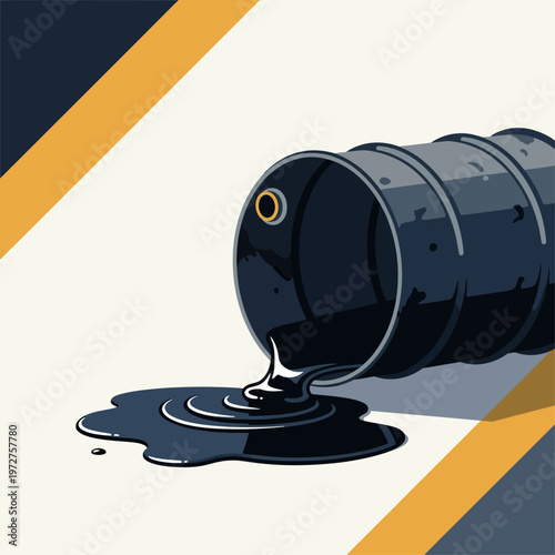 oil barrel leaking black liquid on ground industrial pollution