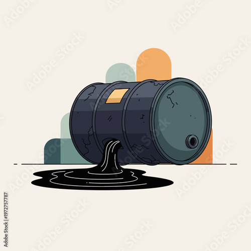 oil barrel leaking black liquid on ground in front of abstract shapes