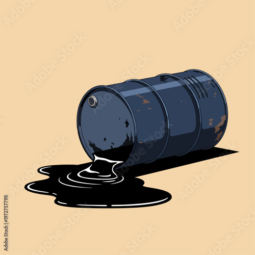 oil barrel leaking black liquid on ground
