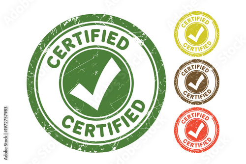 Certified Approved Rubber Stamp Set with Vintage Distressed Style, Official Seal Badges, Quality Guarantee Labels, Retro Ink Stamp Collection, Business Certification Icons Isolated Background