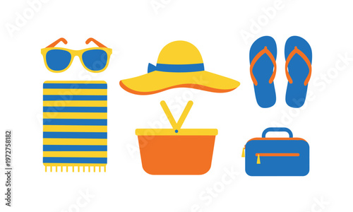 Colorful beach accessories and summer essentials collection