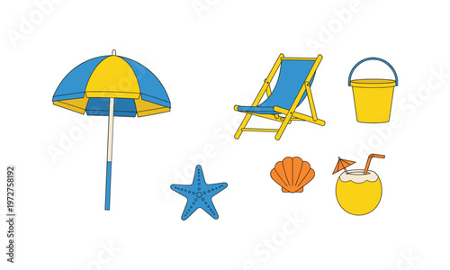 A collection of colorful beach and summer leisure items