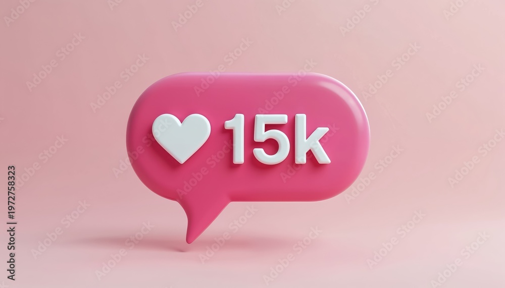 Naklejka premium Pink notification bubble displays white heart icon, 15k number. Represents online likes, engagement. Signifies social media approval, reach for content creators. Achieve popular status with symbol.