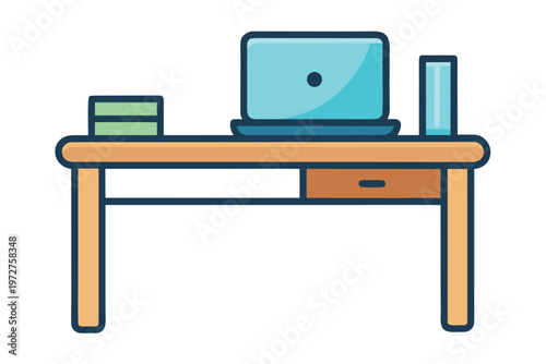 a office desk setup icon  flat cartoon design  sim