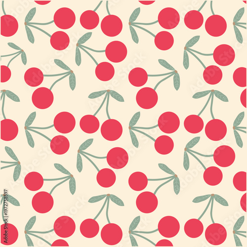 cherry, cherries, fruit, berries, red, green, cute, playful, Playful Cherry Pattern with Bright Retro Fruit Motifs  