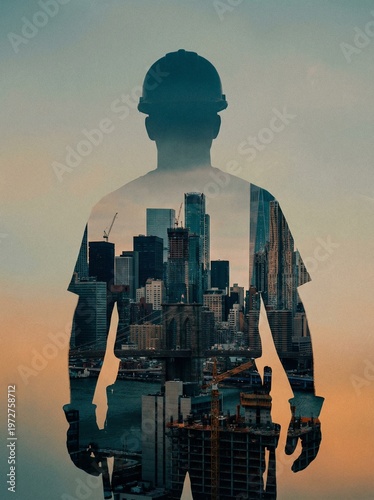 Worker silhouette blended with city concept.