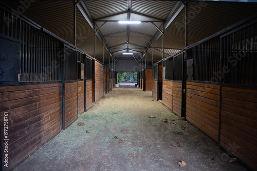 Foto Empty horse stable aisle with wooden stalls in barn interior
