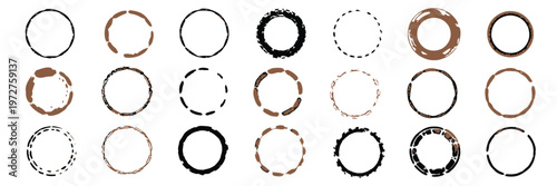 Coffee Stain Circle Set, Grunge Ink Rings from Mug Marks, Round Stamp Texture Collection, Tea and Coffee Cup Prints, Distressed Circular Vector Shapes for Creative Design Isolated Background