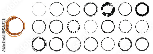 Coffee Stain Circle Set, Grunge Ink Rings from Mug Marks, Round Stamp Texture Collection, Tea and Coffee Cup Prints, Distressed Circular Vector Shapes for Creative Design Isolated Background