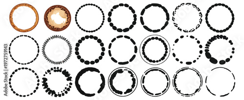 Coffee Cup Stain Circles Vector Collection, Grunge Ink Ring Marks, Round Mug Print Shapes, Tea and Coffee Stain Texture Set, Distressed Circular Elements for Creative Design Isolated