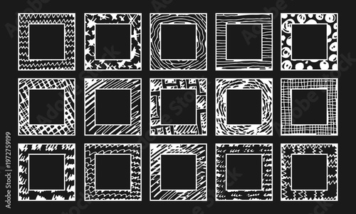 Fifteen wide square frames with freehand hatching and outlines. Doodles and squiggles. White on black. Vector set