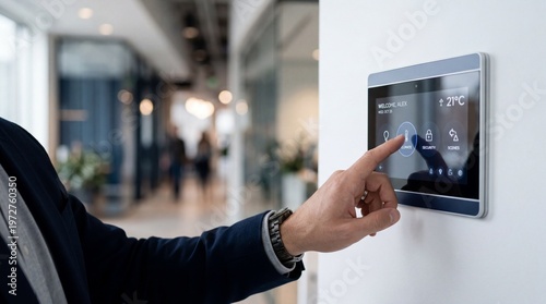Businessman interacting with smart building automation touch screen system
