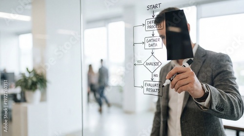 Professional male drawing analytical workflow diagram on transparent wall