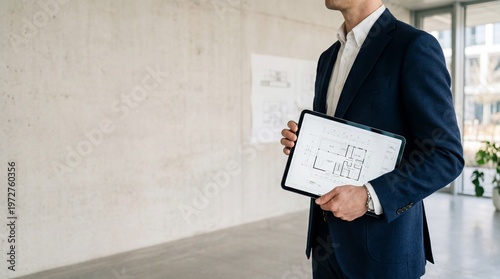 Businessman presenting house architectural project using digital device