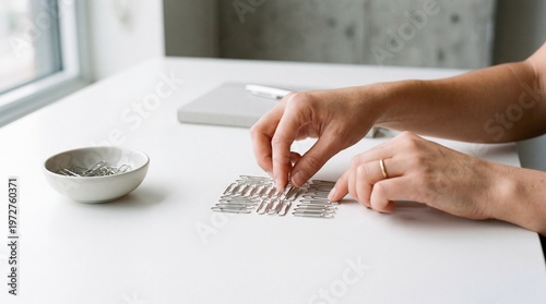 Person Aligning Silver Paperclips Into Orderly Rows On Desk