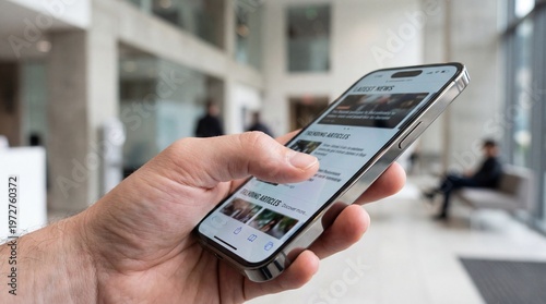 Male hand scrolling digital news on smartphone in corporate lobby