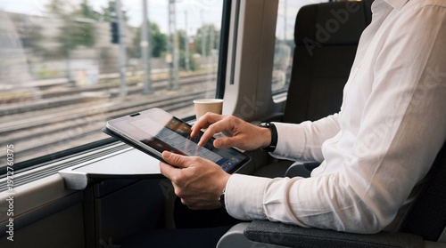 Business professional browsing tablet during high speed train journey