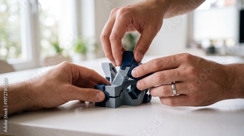 Collaborative hands connecting complex plastic 3D printed puzzle components