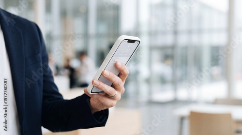 Businessman checking smartphone notification in modern office lobby