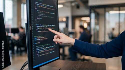 Software developer pointing at code lines on vertical display screen