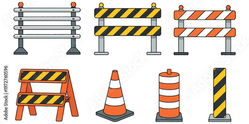 Traffic Safety Barriers and Cones Set, Road Construction Warning Barricades and Highway Caution Signs, Roadwork Equipment Vector Illustration for Traffic Control and Safety Design