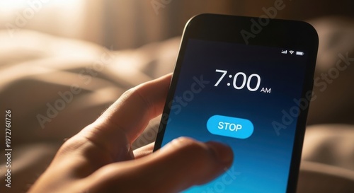 Hand holding smartphone with alarm clock on screen in morning light