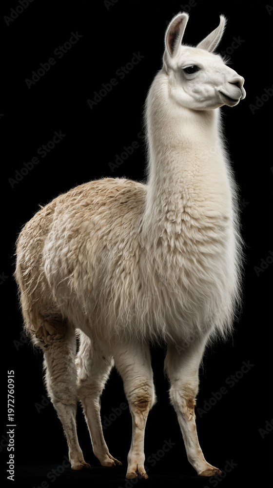 Fototapeta premium Llama with Fluffy Wool on Black Background 