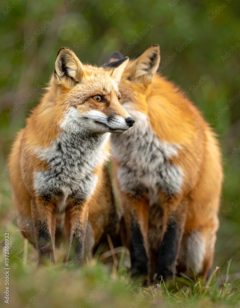 Obraz premium Two red foxes stand close together, one facing the viewer. They have orange fur with white markings and alert eyes. Green foliage is in the background