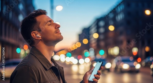 Young man wearing wireless earbuds and holding smartphone on city street at dusk