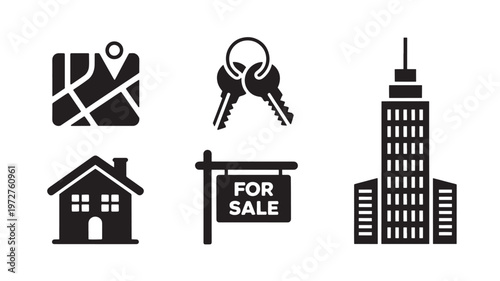 Real Estate Icons Set for Property Sale with House Keys Map Buildings and Investment Symbols