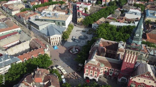 Drone footage of Subotica historic city center on sunny afternoon, northern Serbia.