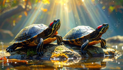 Two red-eared sliders bask on a mossy rock in a tranquil pond with sunlight streaming through the trees